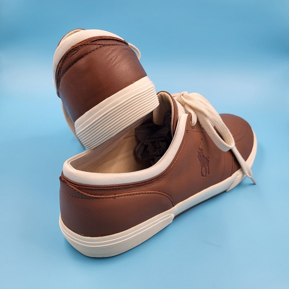 Mens Polo Ralph Lauren Tan Leather Faxon Low Top Boat Shoes Sneakers EUC sz 14 D - Picture 7 of 14